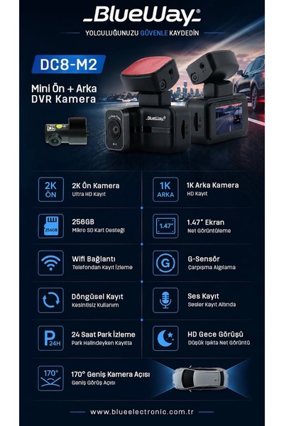 Blueway 2K Ön + 1K Arka Ultra HD Kayıt Mini Ön + Arka DVR Kamera