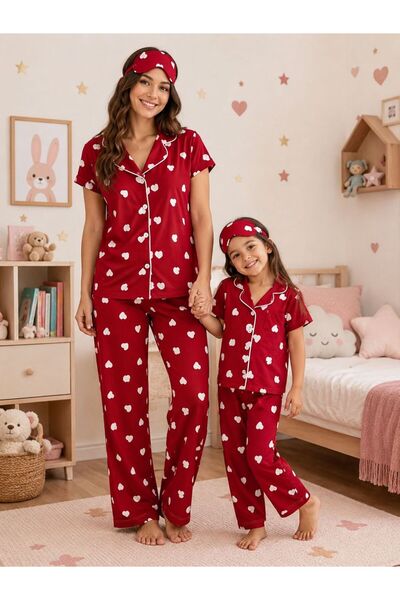 ALİŞ KİDS Set de pijamale din bumbac, cu model inimă roșie, cu guler de cămaș...
