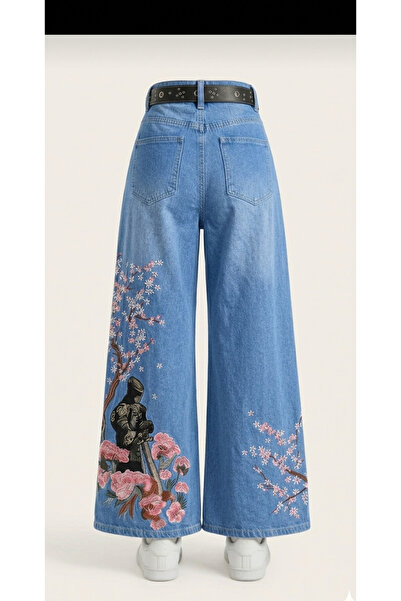 Semesia Sakura Çiçeği Nakışlı Wideleg Retro Jeans