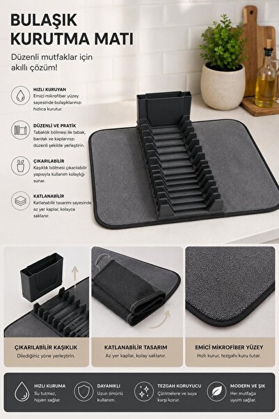 BuradaBuldun Premium Katlanabilir Mikrofiber Bulaşıklık Seti Antrasit - Tezga...