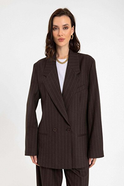 Antioch Kahve Kadın Çizgili Oversize Blazer Ceket