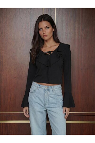 WeShaya Black Stretchy Textured Long Sleeve Crop Ruffle Detailed Tie-Neck Blouse