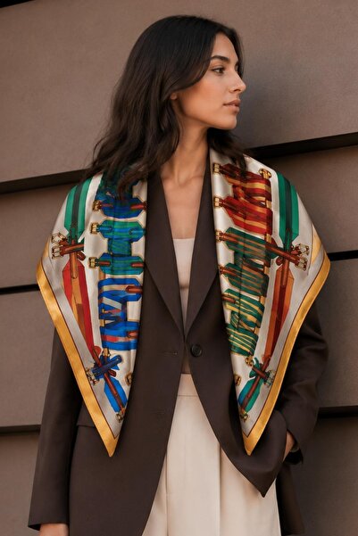 AFVENTE Belt Pattern Mustard-Cream Soft Foulard Scarf 90X90 cm