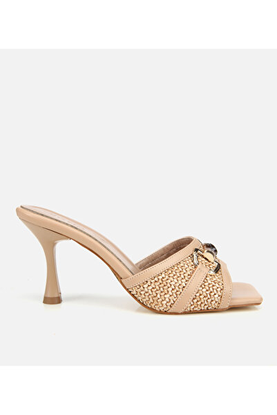 Hotiç Women's Beige Straw Detailed Buckle Heeled Slippers