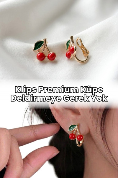 Elifsu Jewelry Premium Klips Kiraz Tasarımlı Deliksiz Küpe Kulak Deliği Gerekmez