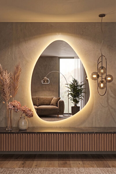 Fawdecor Led Işıklı Asimetrik Üçgen Model Dekoratif Duvar Aynası, Modern Eşsi...