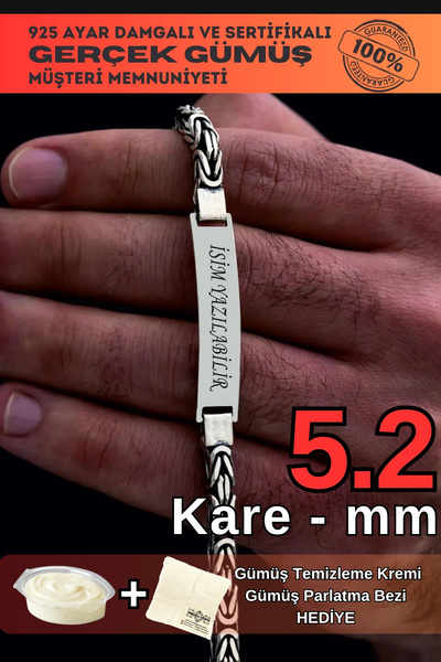 OSMANLI GÜMÜŞ Erkek Gümüş Bileklik - İsim Yazı Yazılabilen 5.2 mm Kalın Kare ...