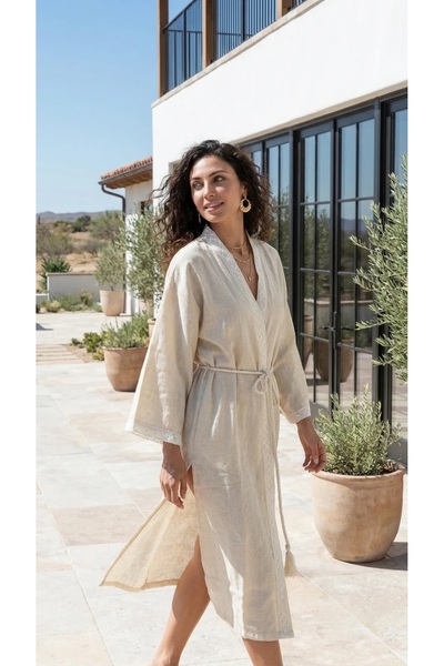Vintero Home Pamuklu Keten Kimono Sabahlık