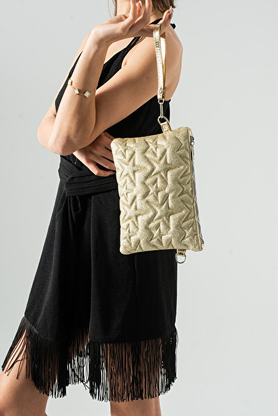 Zealous Geantă clutch și portofoliu auriu cu model de stele, cu curea detașab...