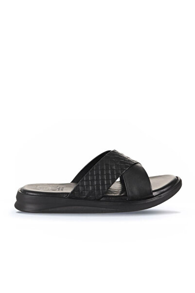 Bueno Shoes Μαύρες Δερμάτινες/Διχτυωτές Ανδρικές Παντόφλες Flat 25mt2230