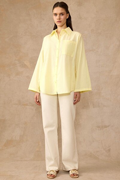 Olcay Spanish Style Loose Cotton Shirt Yellow 9365