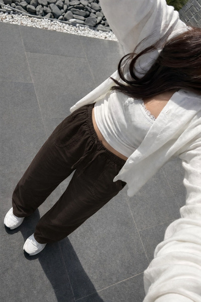 DAMGA JEANS Γυναικείο Premium Jogger Relax Fit Καλοκαιρινό Σκούρο Καφέ Λινό Π...