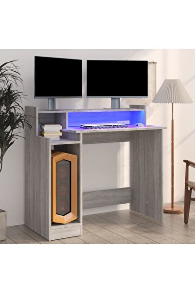 Concept Birou cu lumini LED, gri sonoma, 97x90x45 cm lemn prelucrat