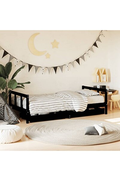 Concept Cadru de pat copii cu sertare, negru, 90x190 cm, lemn masiv pin
