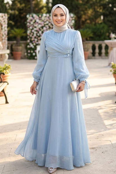 N.S NEVA STYLE Drape Detaylı Bebek Mavisi Tesettür Abiye Elbise 62201BM