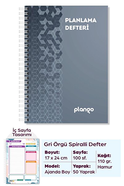 Plango Gri Örgü Günlük Planlayıcı Defter - Daily Planner - Ders Çalışma Planl...