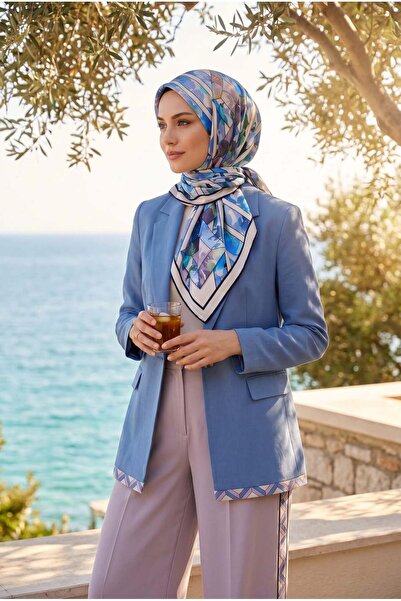 Vissona %100 Twill İpek Bahar Çiçekleri Desenli Bebe Mavisi - İndigo Renkli 9...