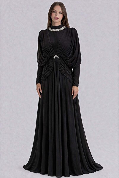 Olcay Yoryo Seiden-Tesettür-Abendkleid mit Stein- und Volan-Details SCHWARZ 1254