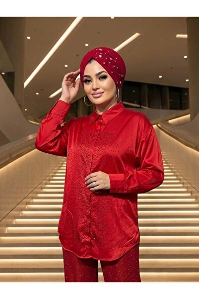 Moda Nurhan Kırmızı Saten Taşlı Gömlek