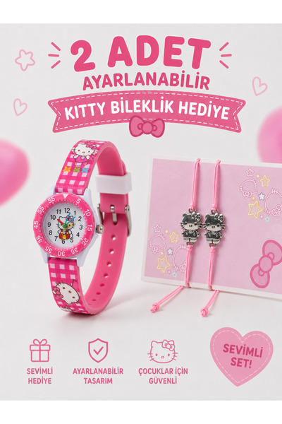 Ct Çocuk Kol Saati + 2 Adet Ayarlanabilir Kitty Bileklik Hediyeli – Pembe Fig...