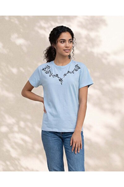 REDTAG Women Blue Embellished Casual T-Shirt