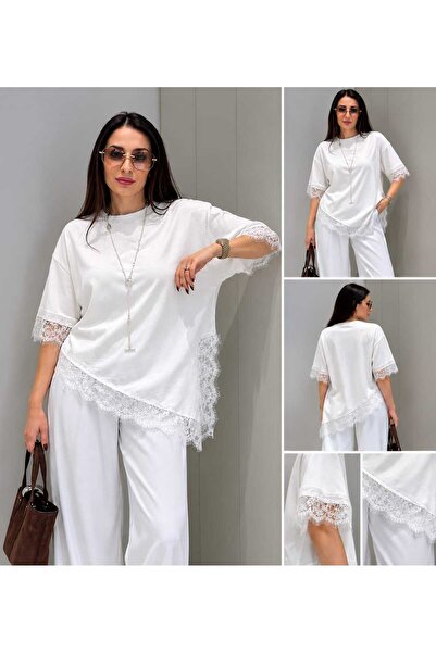 Mzr Collection KADIN DANTEL DETAYLI ASİMERİK T-SHIRT