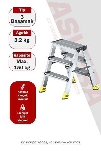 ASVERA 3+3 Alüminyum Çift Çıkışlı Merdiven - 3 Basamaklı Ev, Bahçe ve İş Yeri...