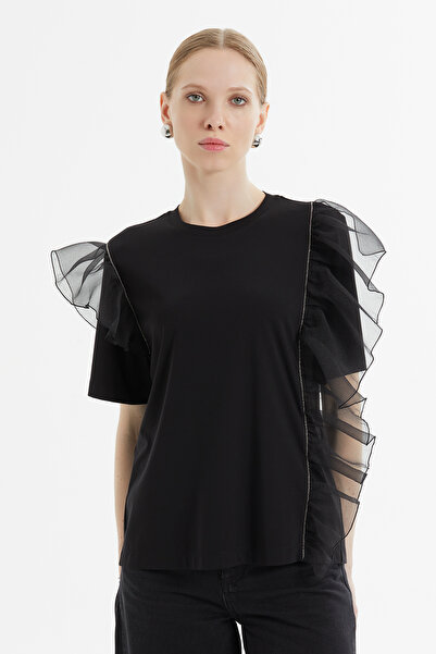 kı.we Kol Ve Omuz Tül Volan Detaylı Kısa Kollu T-shirt
