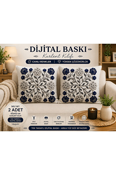 Ahsen Dekoratif Mavi Gri Gül Desenli Dijital Baskılı Punch Görünümlü Dekorati...