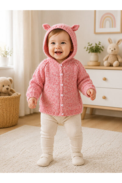 Hobi Kafe Hand Knitted Pink 12-18 Months Hooded Children's Cardigan