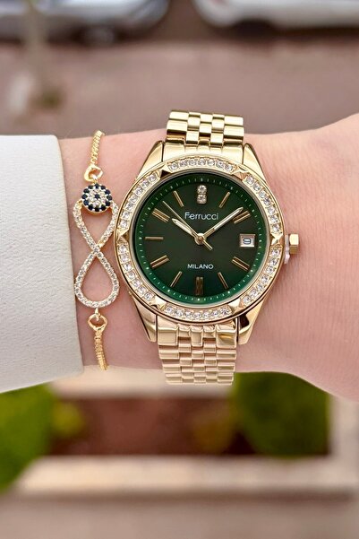 Ferrucci Kadranı Yeşil Kordonu Sarı Renk 34 Mm Kadın Kol Saati ve Bileklik