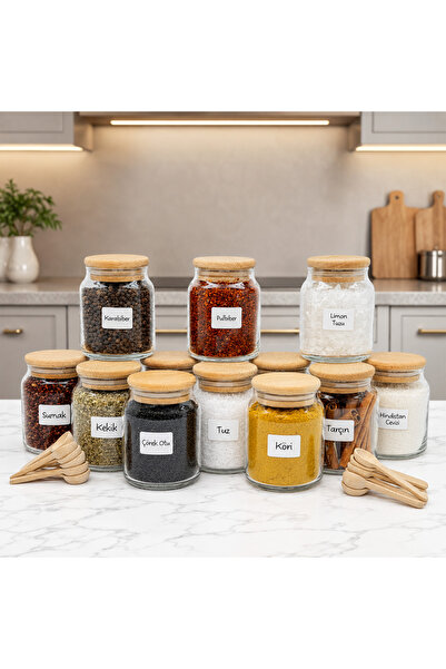 mafa home 12-Piece Wooden Bamboo Vacuum Lid Glass Spice Set 300 ml with Label...