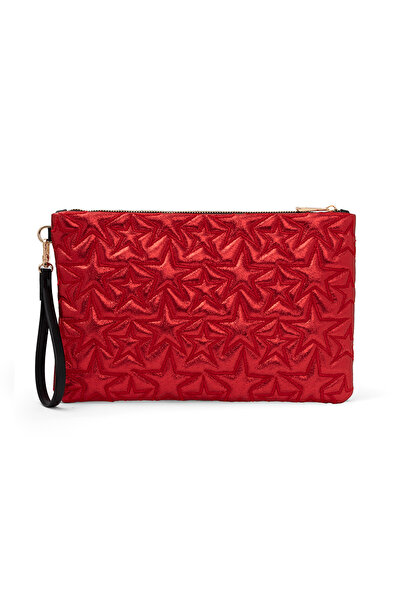 Ecrou Star Patterned Red Shiny Portfolio & Clutch Bag with Removable Wrist St...