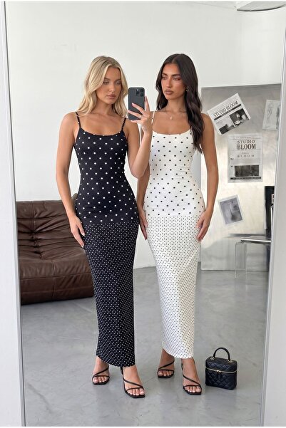 HerTon Women's Polka Dot Strap Long Dress Stretchy Diving Fabric Maxi Dress