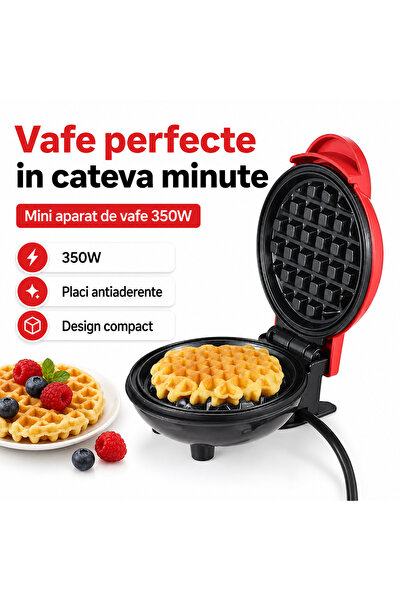 iTin Mini Aparat de Vafe Gofre, 350W, Placi Antiaderente, LED Indicator, Desi...