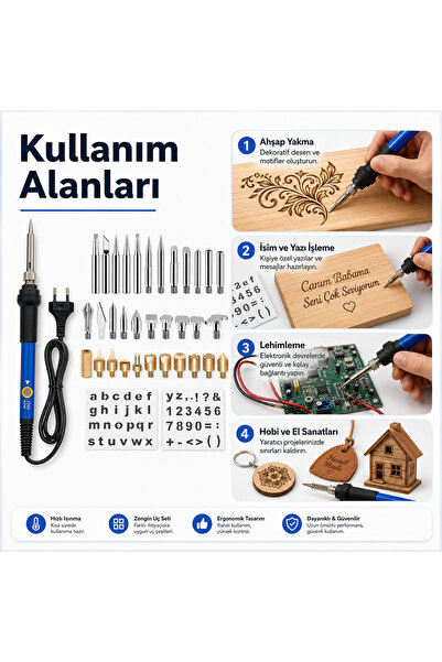 DUHALINE Havya seti 60W 220V Isı Ayarlı 37 Parça Ahşap Yakma Elektrikli Havya Seti Lehim Seti
