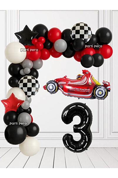 parti pera Formula Kırmızı Araba Folyo Balon Yarış Temalı Balon Zincir Seti R...