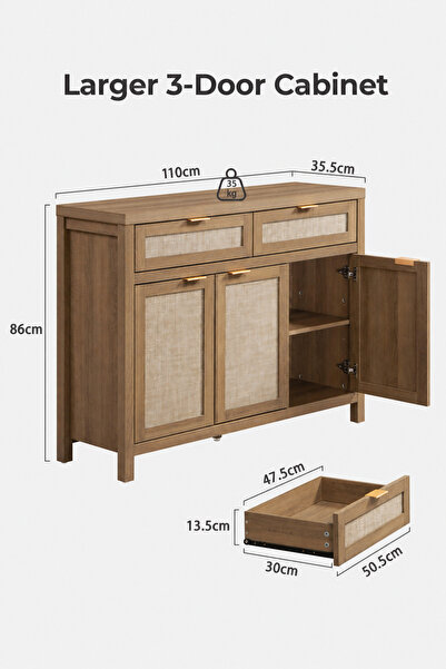 Yanara Caramel Oak Rattan Sideboard 3 doors, 2 drawers, boho farmhouse consol...