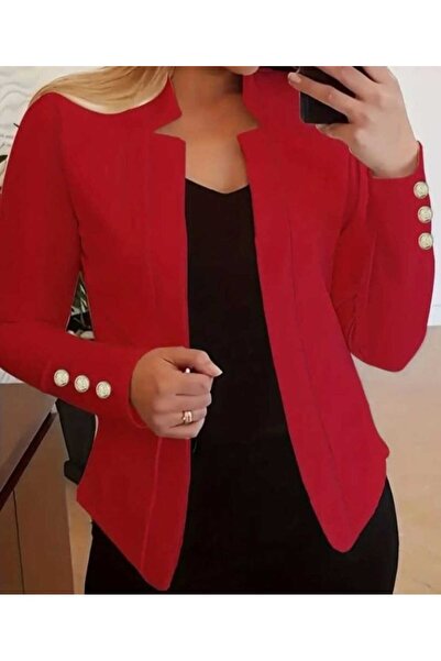 NUR TEKSTİL Kadın kırmızı Uzun Kollu Kol Düğme Detay Ithal Krep Ceket