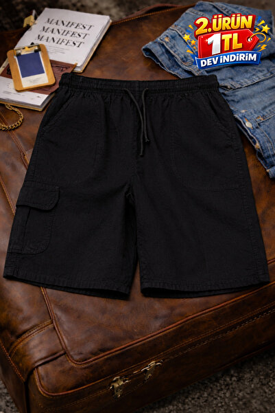 DAMGA JEANS Erkek Şık Trend Bol Kargo Cepli Siyah Keten Şort