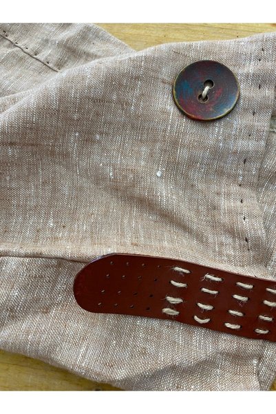 Bohemian Linen Beach Bag with Tan Color Leather Strap