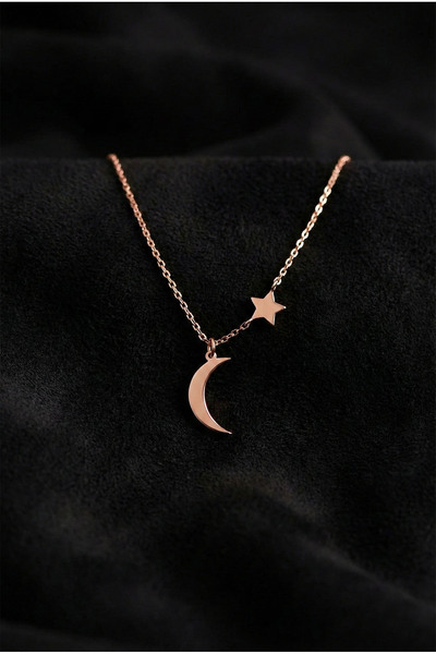 Roza Silver 925 Ayar Rose Özel Tasarım Ay Yıldız Gümüş Kadın Kolye