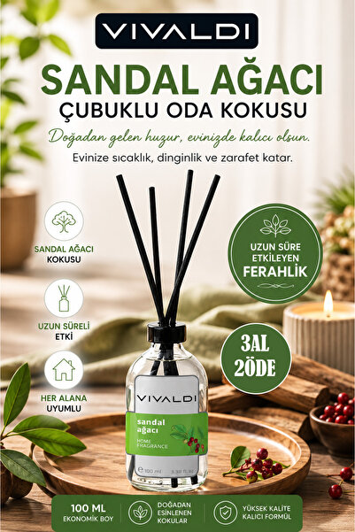 Vivaldi Home Sandal Ağacı Çubuklu Oda Kokusu 100 ml ,Doğal ve Kalıcı Koku, Ev...