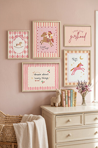 Artiera Pembe Kovboy Kız Ve Unicorn Kız Bebek Ve Çocuk Odası 5'li Çerçeveli T...