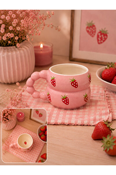 STRAWBERRY PATTERNED Custom Embossed Fully Handmade Ceramic Mug in PINK