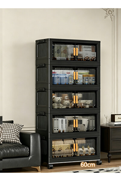 CozyWorld 60cm Wide 5-Tier Black Foldable Storage Cabinet with Magnetic Clear...