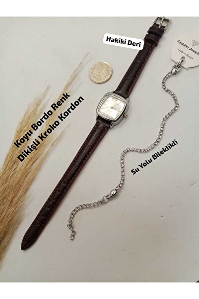 Brality Minimal Vintage Retro Kadın Kol Saati KOYU BORDO Renk HAKİKİ DERİ Kor...