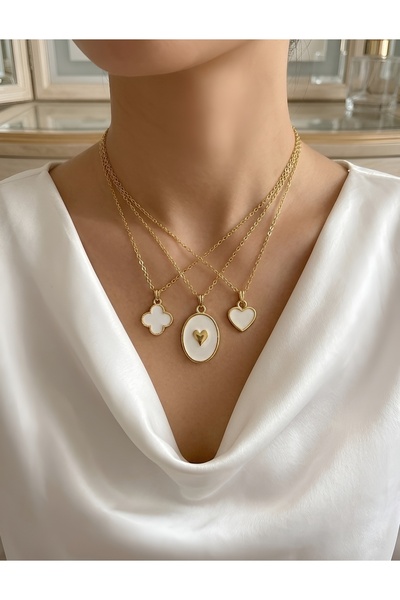 Madam Bikan Gold Renk 3 Lü Beyaz Kalp Yonca Oval Kalp Kombin Set Kolye