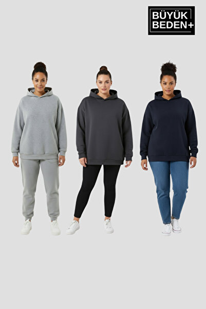 Süperlife Women's Plus Size Slim Hooded Sleeves and Skirt Ribbed Thin Swatshi...