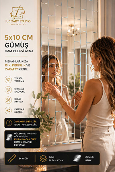LucitART Dekoratif Tuğla Desenli Gümüş Pleksi 5 Adet 5x10cm Kendinden Yapışka...
